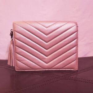 Neiman Marcus Metallic Pink Chevron Quilted Clutch with Tassel